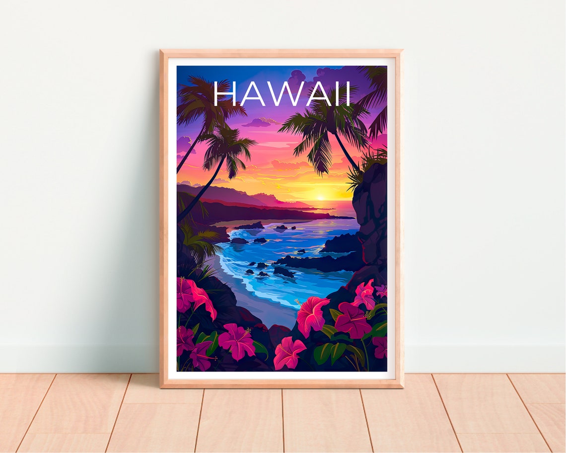 Hawaii Rocky Coast Sunset Palm Trees Pink Hibiscus Cove Poster - Image 4