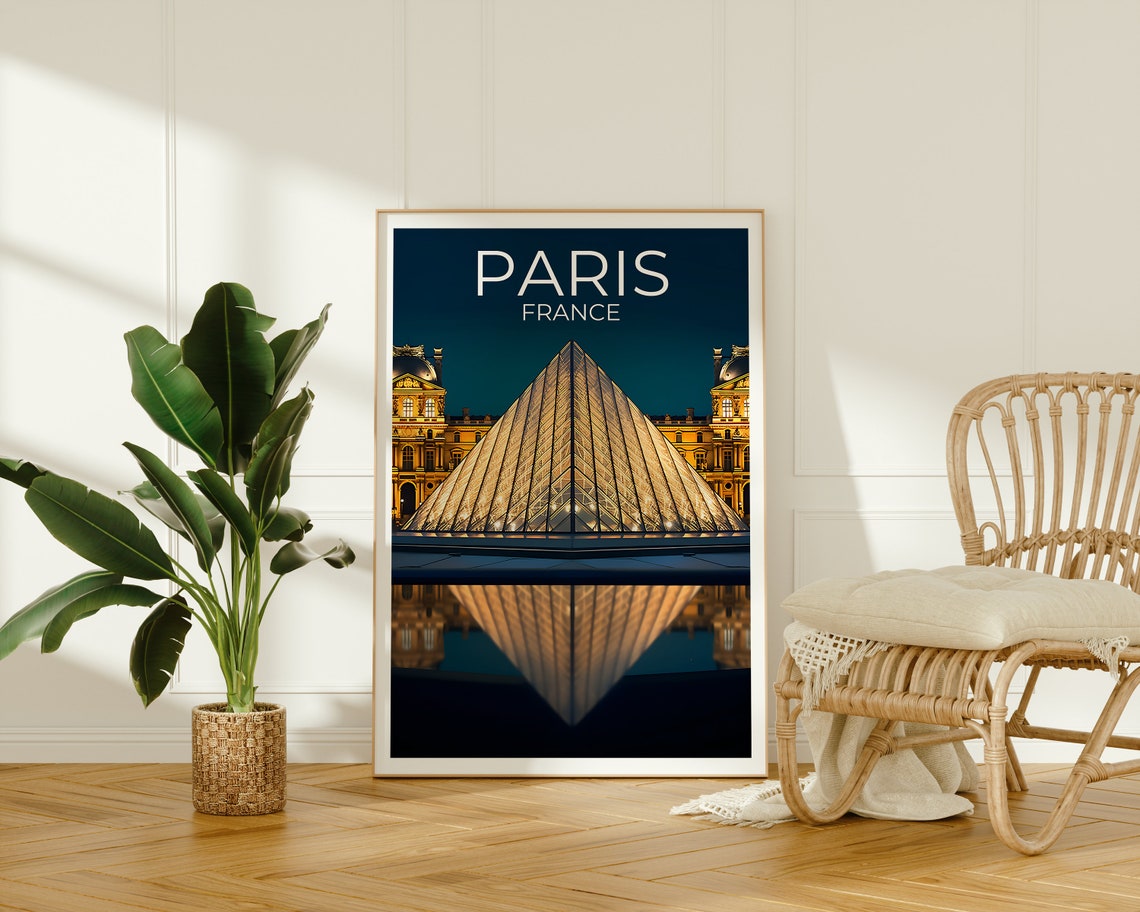 Paris France Louvre Pyramid Night Lights Reflection Travel Poster - Image 2