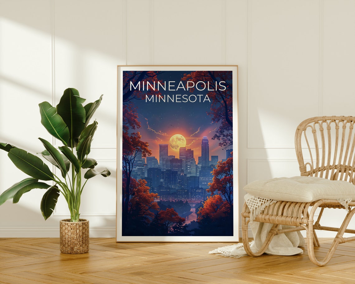 Minneapolis Minnesota Moonlit Skyline Autumn Trees Night Travel Poster - Image 2