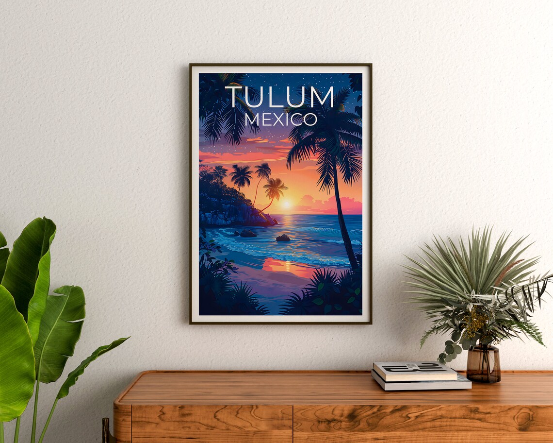 Tulum Mexico Beach Sunset Palm Trees Caribbean Coast Travel Poster - Image 3