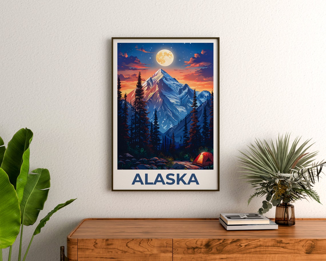 Alaska Snowy Peak Full Moon Tent Camping Night Forest Travel Poster - Image 3