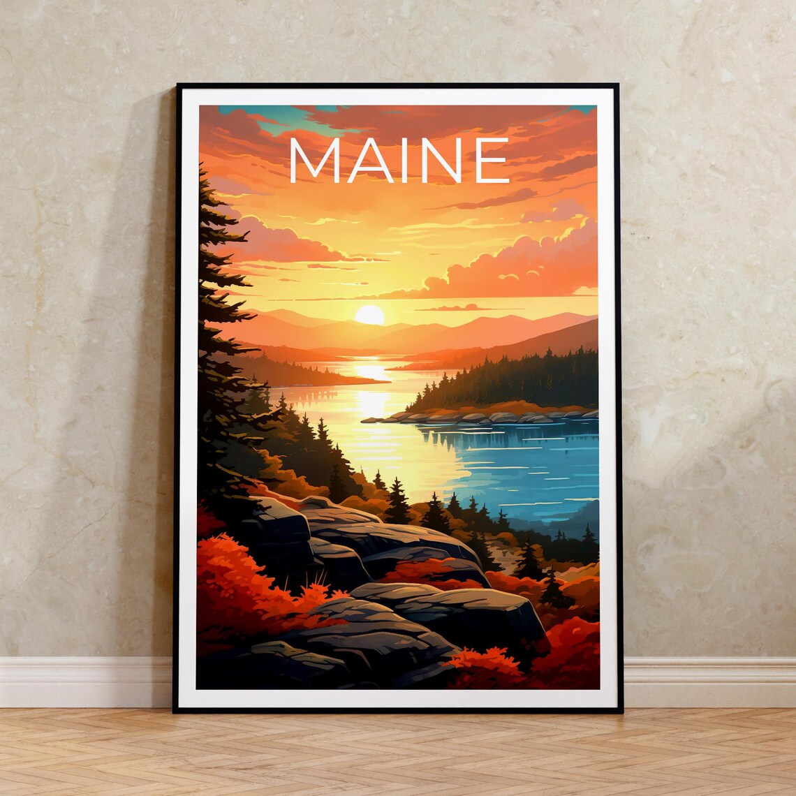 Maine Acadia Coast Rocky Shore Lake Sunset Autumn View Travel Poster