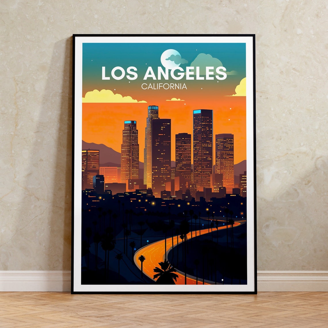 Los Angeles Downtown Skyline Dusk Freeway Night Lights Poster