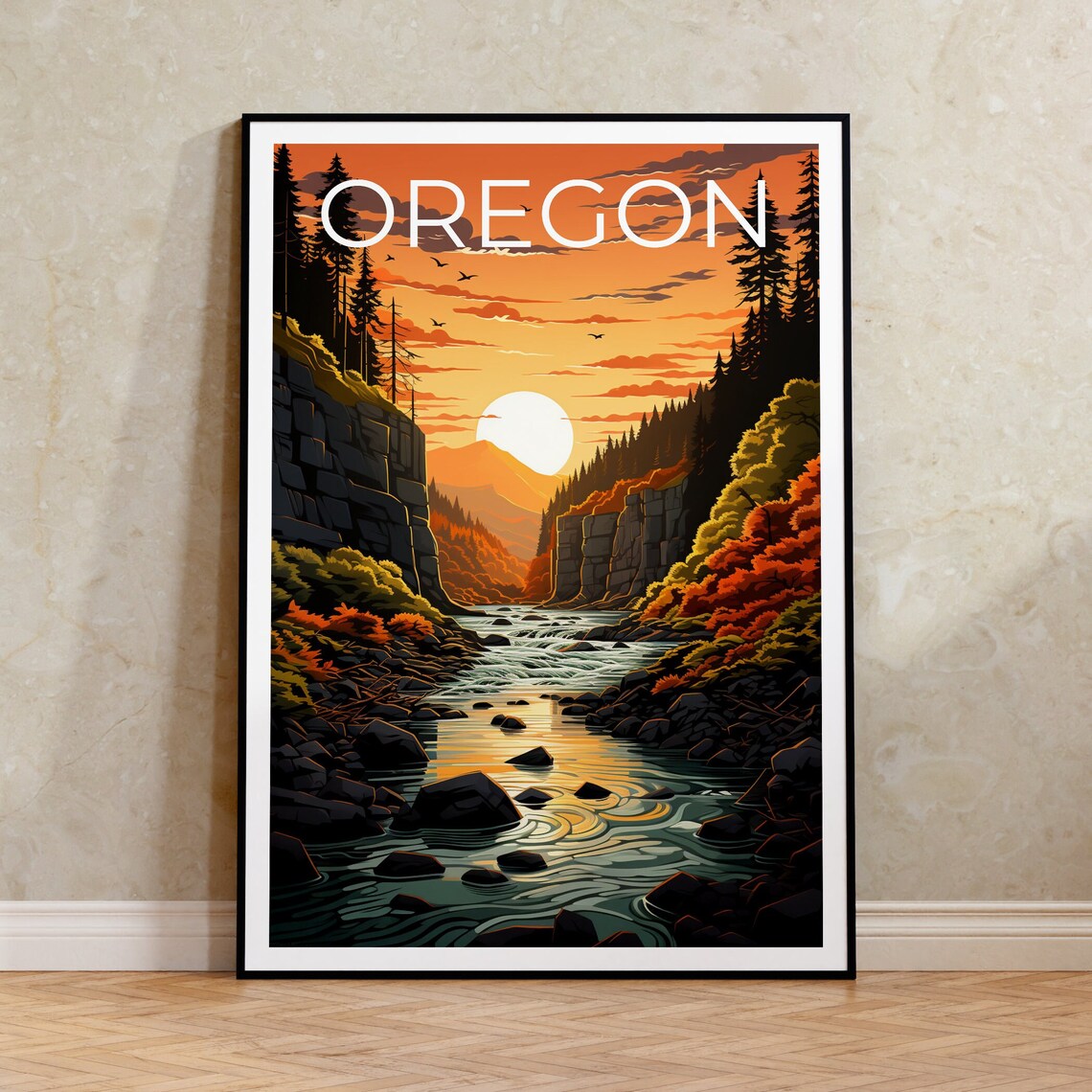 Oregon River Gorge Autumn Forest Sunset Golden Hour Travel Poster