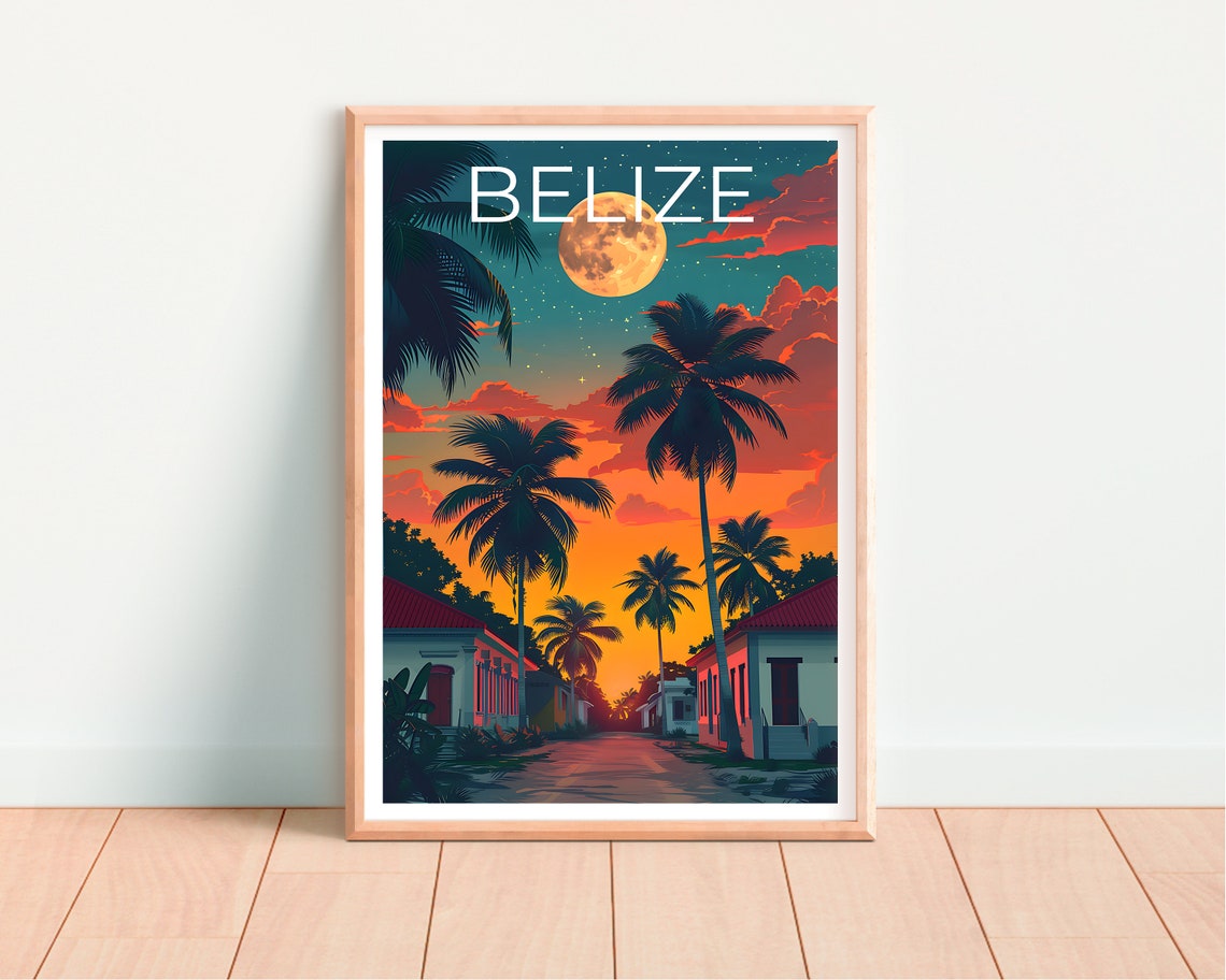 Belize Palm Lined Street Moonlit Sunset Caribbean Scene Poster - Image 4