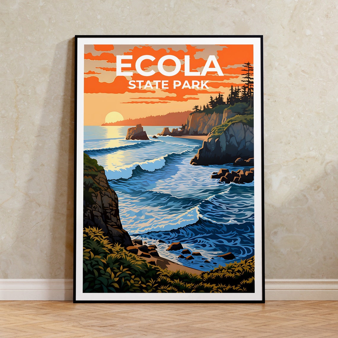 Ecola State Park Oregon Coast Sunset Waves Sea Stacks Poster