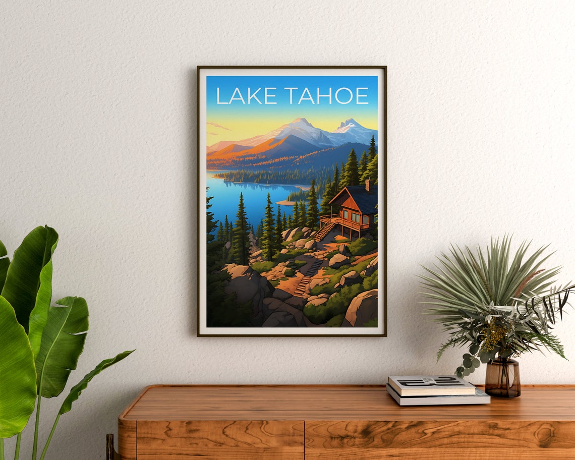 Lake Tahoe Rocky Shoreline Sunset Reflection Mountains View Poster - Image 3