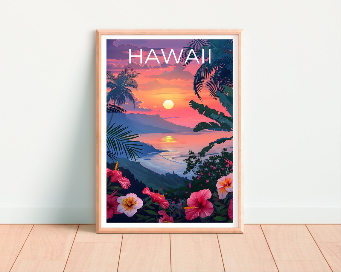 Hawaii Sunset Ocean Bay Palm Trees Hibiscus Flower View Poster - Image 4