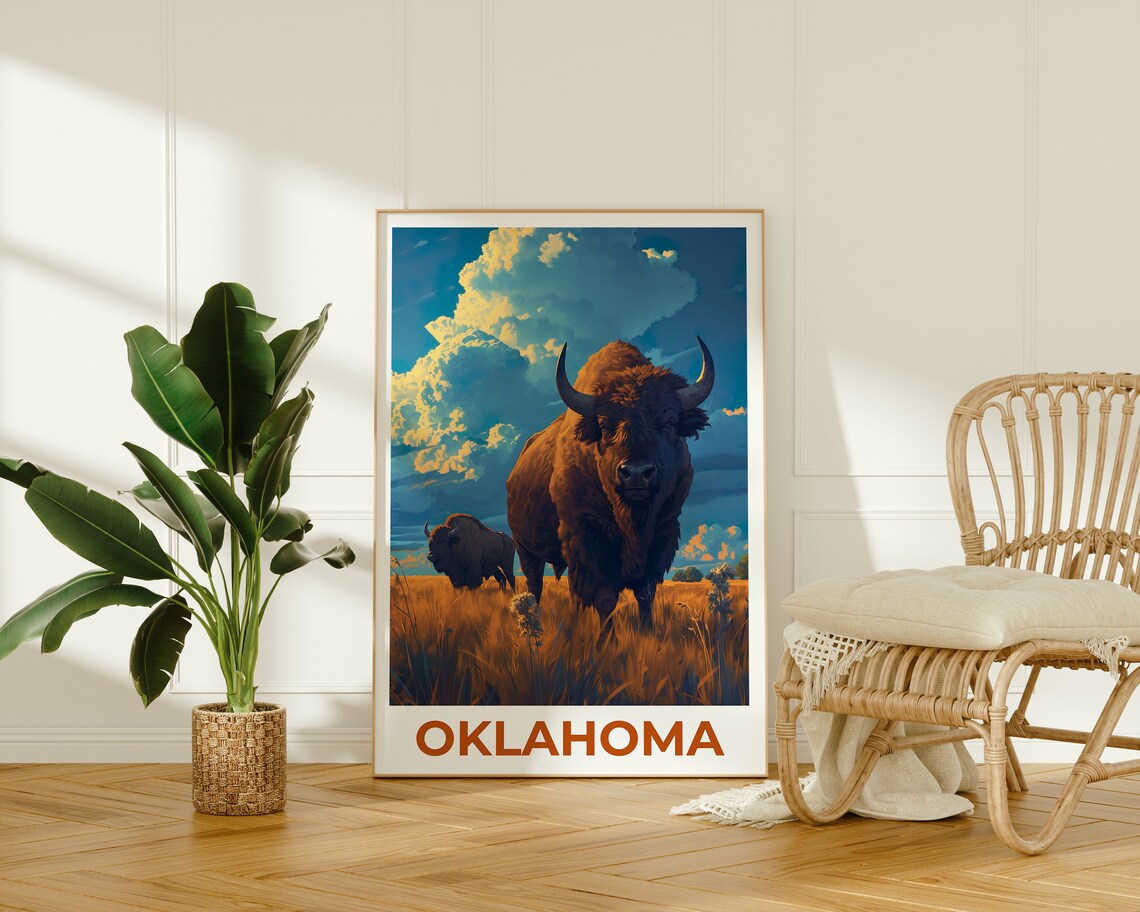Oklahoma Travel Poster, Bison Wall Art Poster Print - Image 2