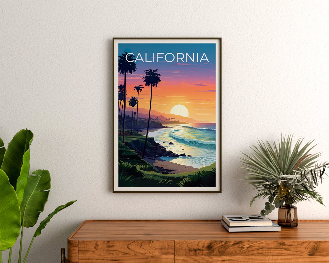 California Coast Beach Sunset Palm Trees Cliffs Ocean Waves Poster - Image 3