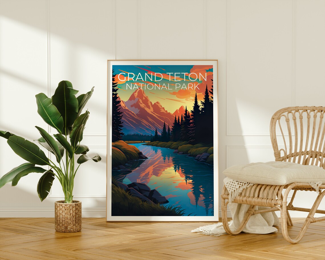 Grand Teton National Park Wyoming Sunset Peak Lake Reflection Poster - Image 2