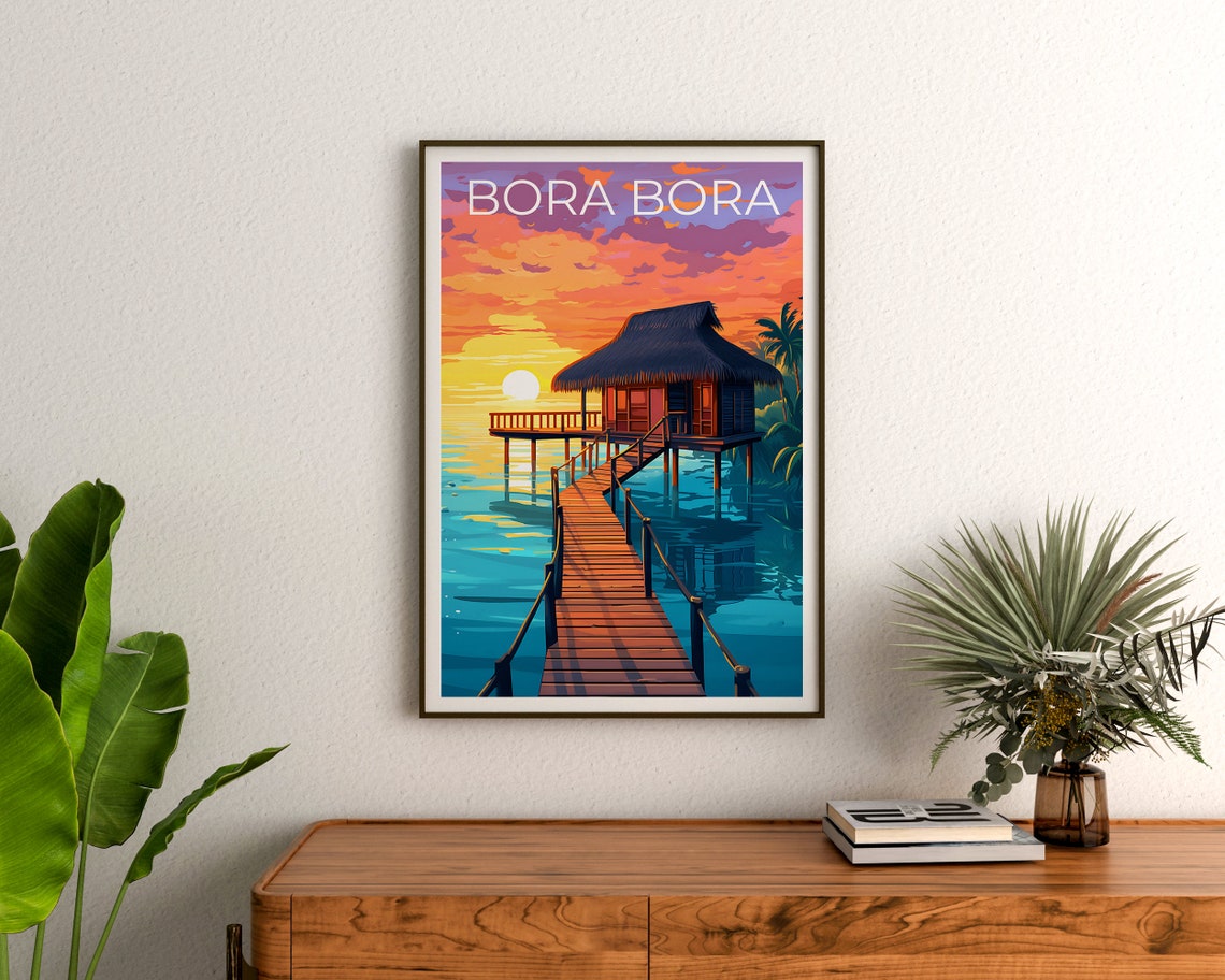 Bora Bora Overwater Bungalow Sunset Lagoon Pier Tropical Travel Poster - Image 3
