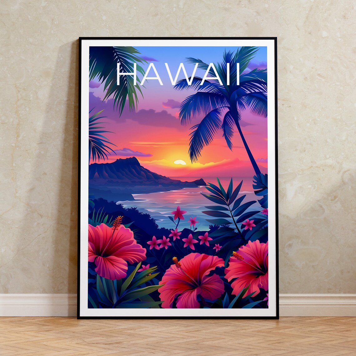 Hawaii Diamond Head Sunset Waikiki Bay Hibiscus Flower Poster