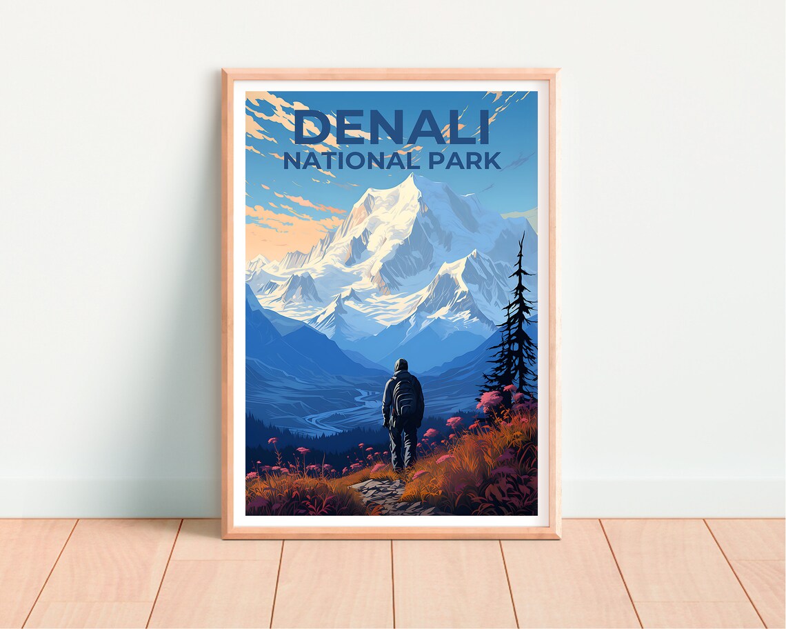 Denali National Park Alaska Hiker Snowy Peak Wildflowers Travel Poster - Image 4