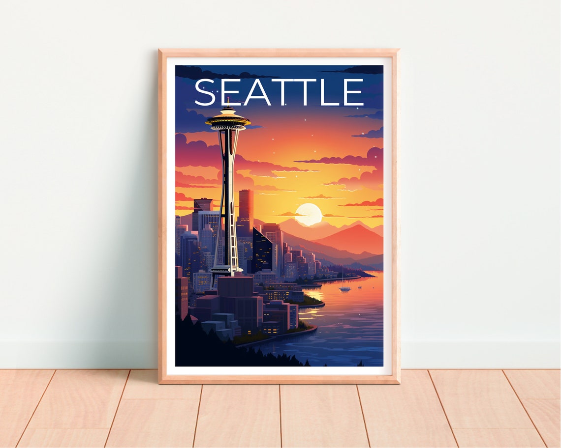 Seattle Space Needle Sunset Elliott Bay Skyline Travel Poster - Image 4