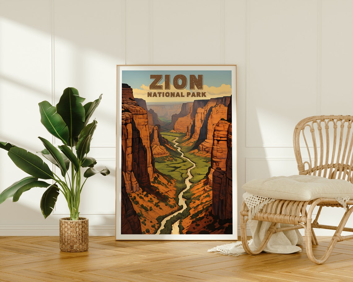 Zion National Park Red Canyon Cliffs Winding River Valley View Poster - Image 2