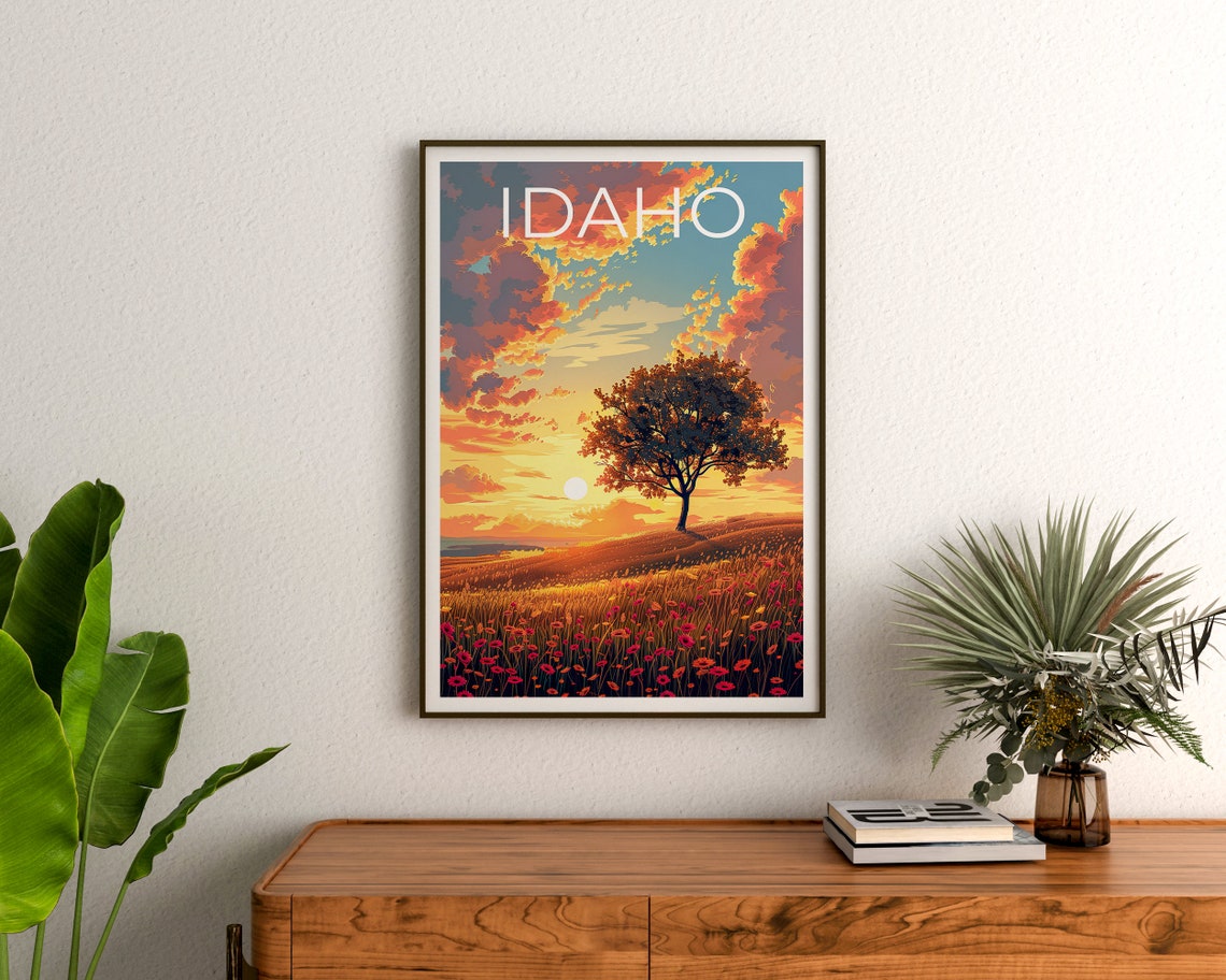 Idaho Lone Tree Sunset Wildflower Field Golden Plains Travel Poster - Image 3
