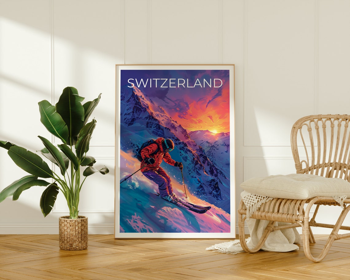 Switzerland Swiss Alps Skier Sunset Steep Powder Slope Poster - Image 2