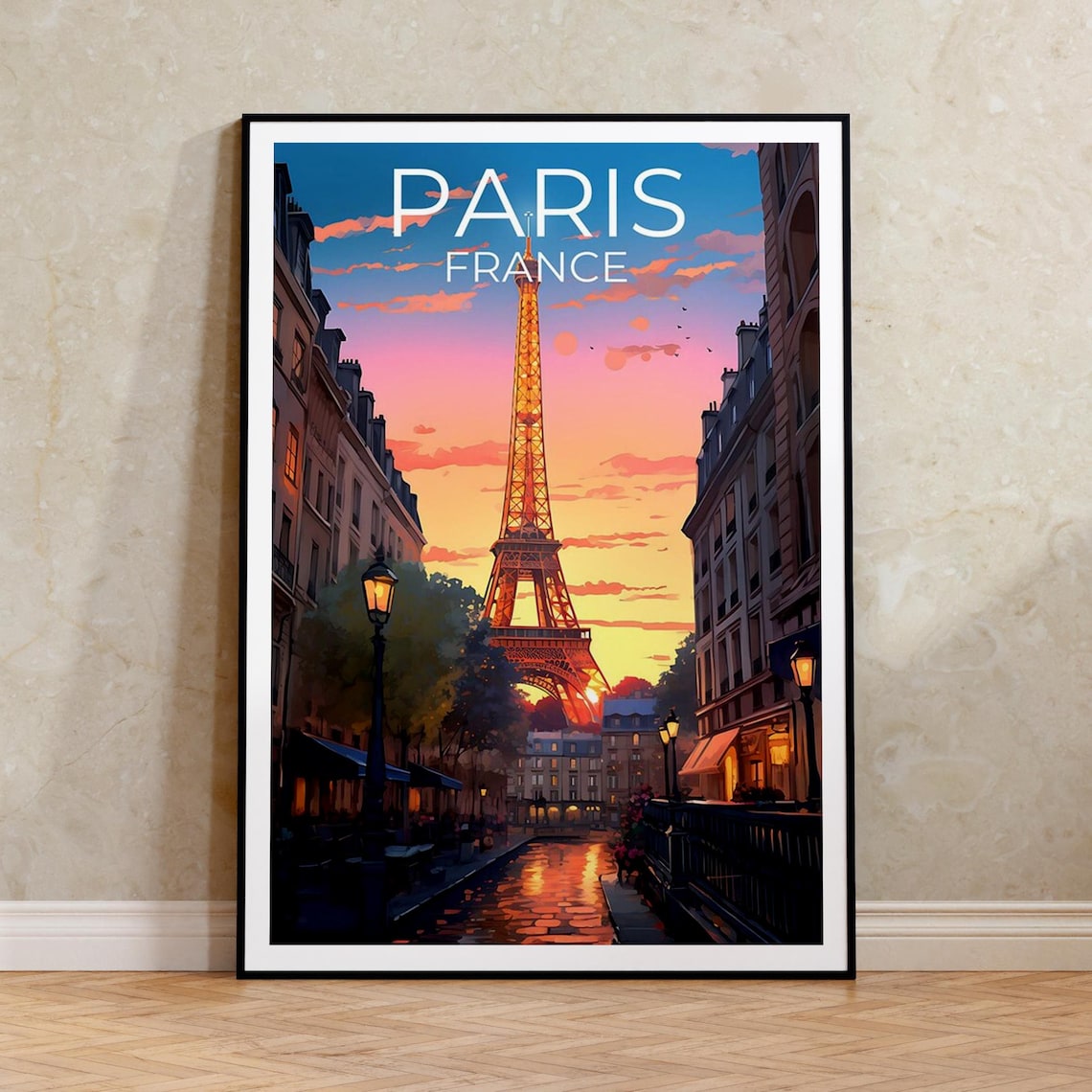 Paris France Eiffel Tower Dusk Street View Sunset Glow Travel Poster
