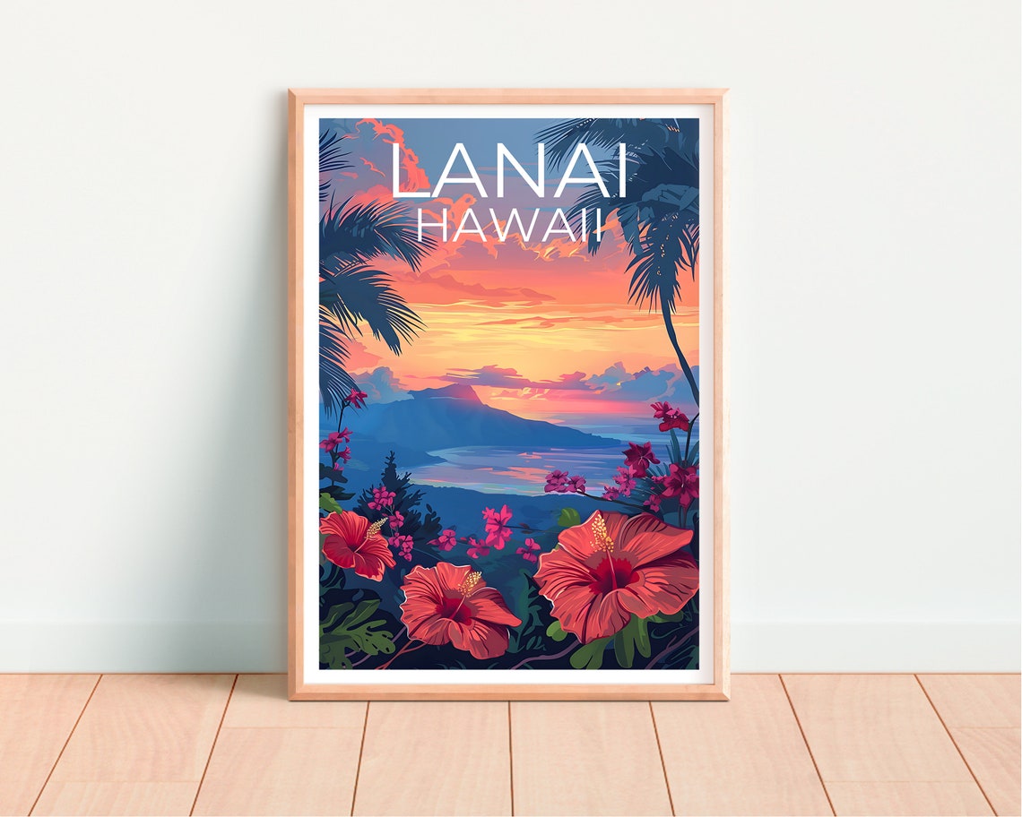 Lanai Hawaii Tropical Sunset Palm Hibiscus Island Ocean Poster - Image 4