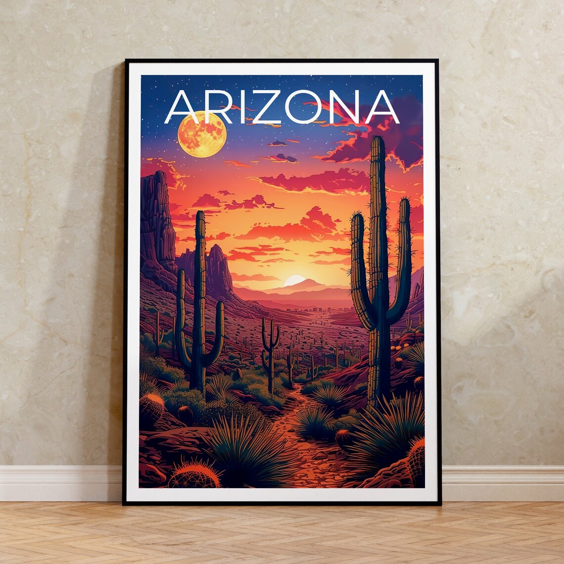 Arizona Travel Poster, Desert Cactus Art Print