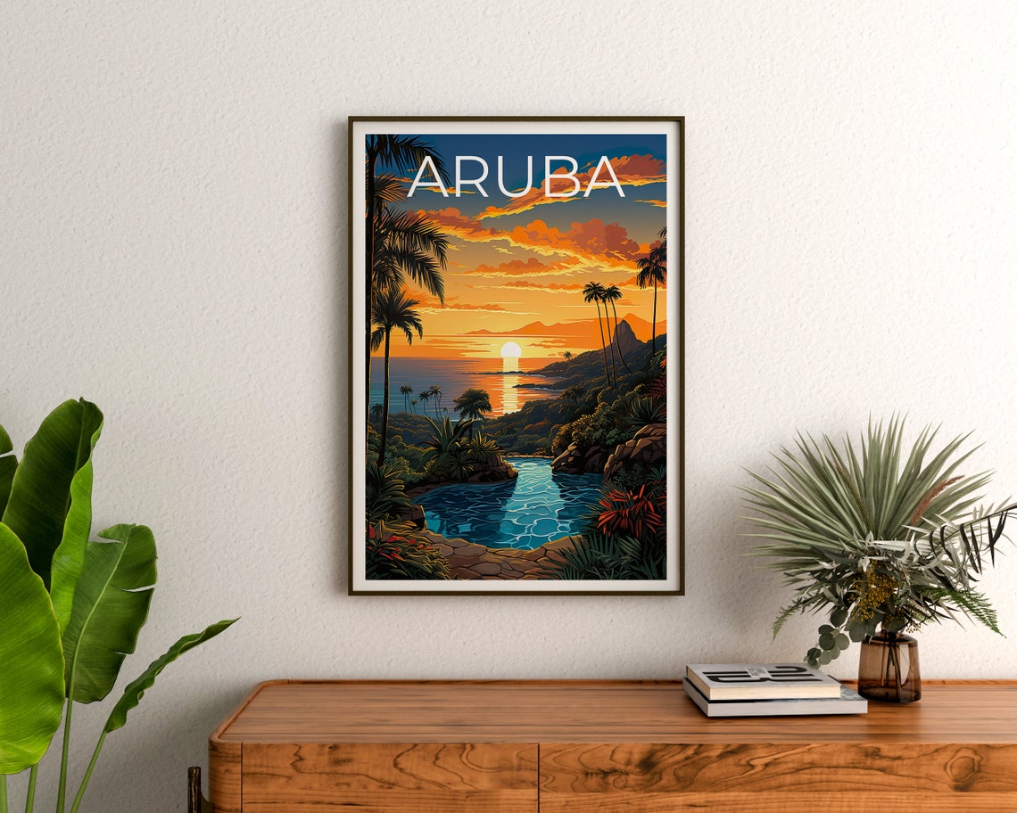 Aruba Caribbean Sunset Palm Trees Lagoon Tropical Shore Travel Poster - Image 3