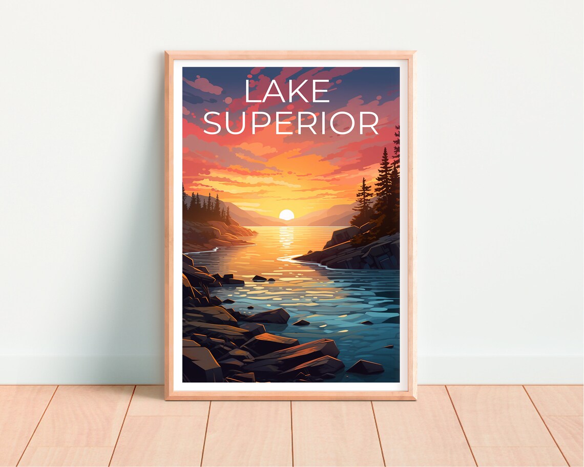 Lake Superior Sunset Rocky Shoreline Pines Great Lakes Travel Poster - Image 4