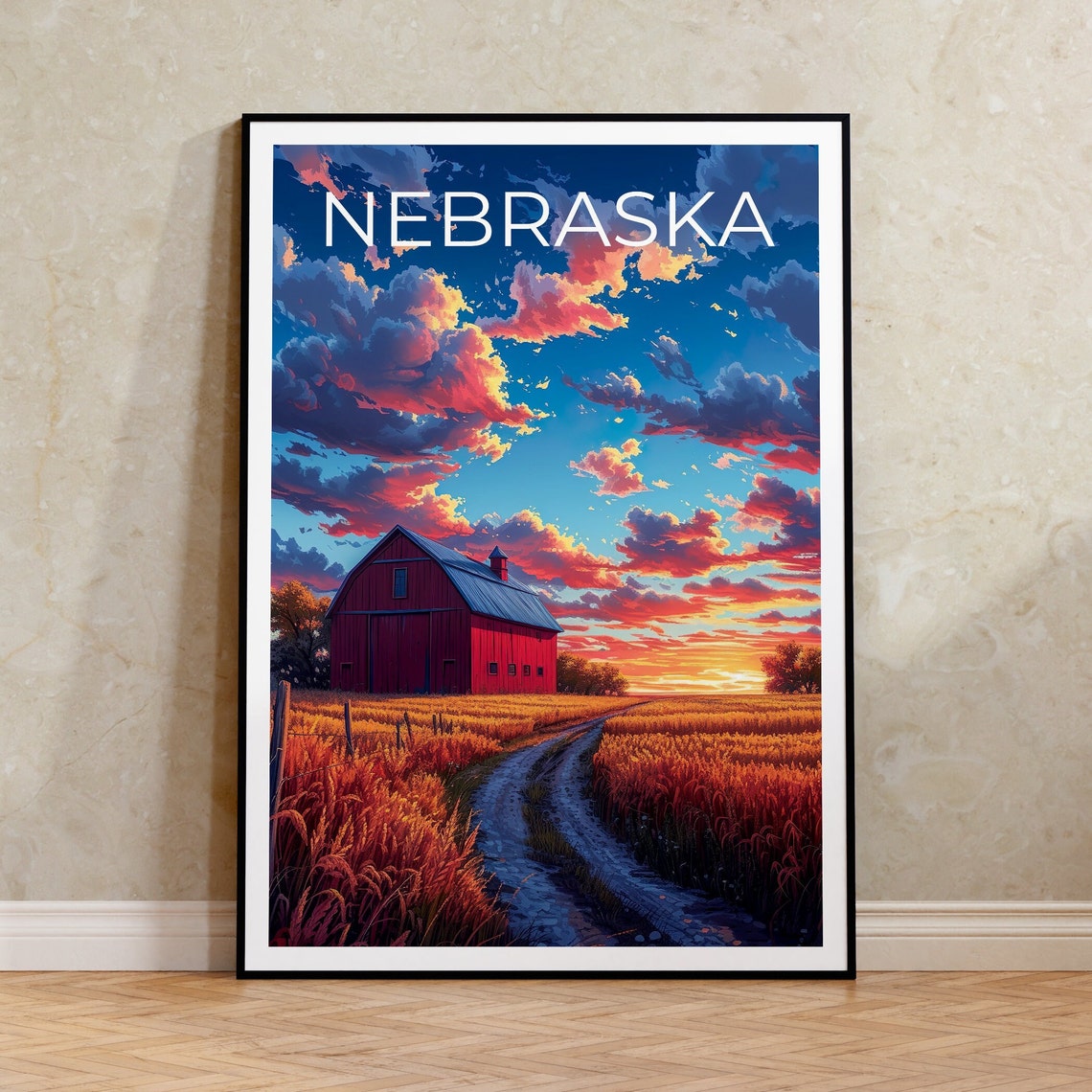 Nebraska Prairie Red Barn Golden Wheat Field Sunset Travel Poster
