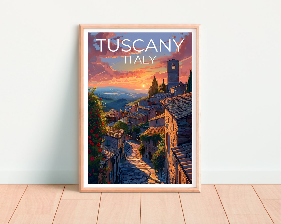 Tuscany Italy Hill Village Stone Bell Tower Sunset Valley View Poster - Image 4
