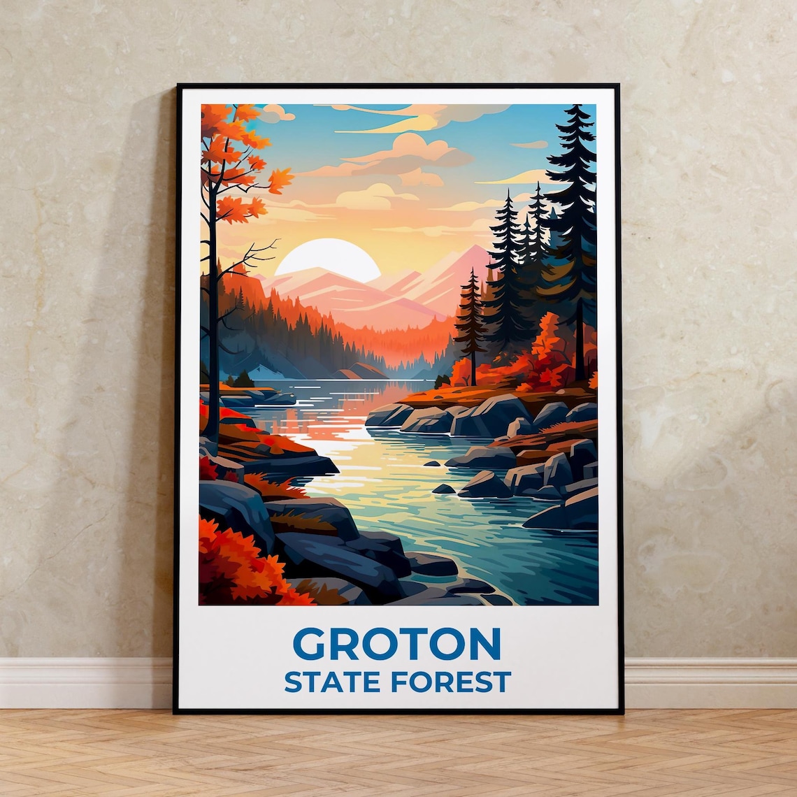 Groton State Forest Autumn Lake Sunset Fall Foliage Travel Poster