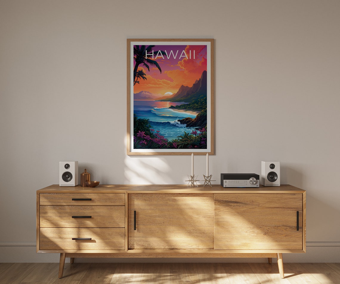 Hawaii Coast Sunset Palm Trees Surf Waves Cliffs Tropical View Poster - Image 2