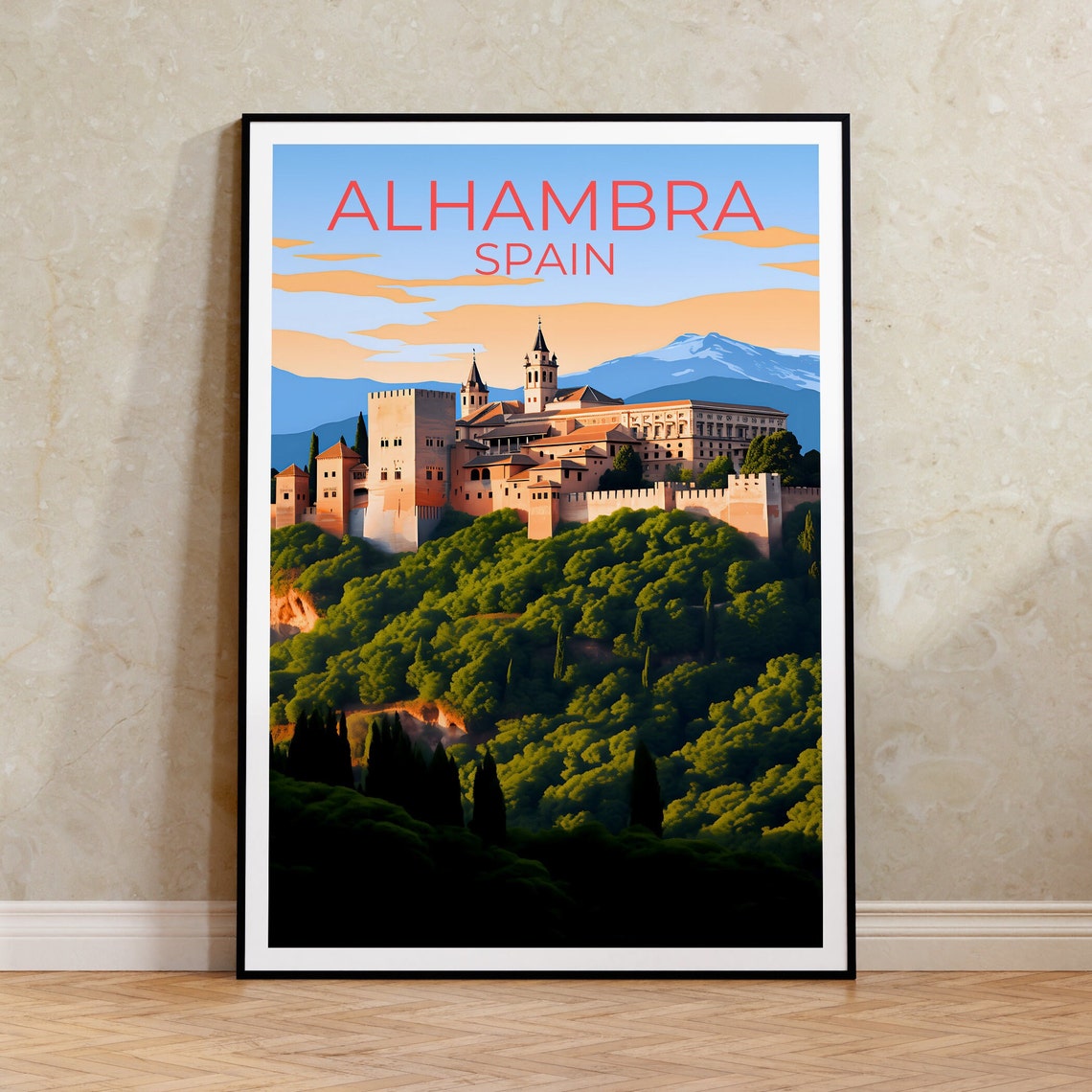 Alhambra Spain Moorish Palace Hilltop Golden Sunset Travel Poster