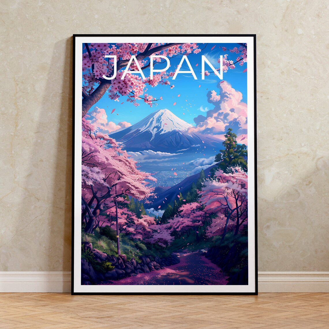 Tokyo Travel Poster, Mount Fuji and Cherry Blossoms