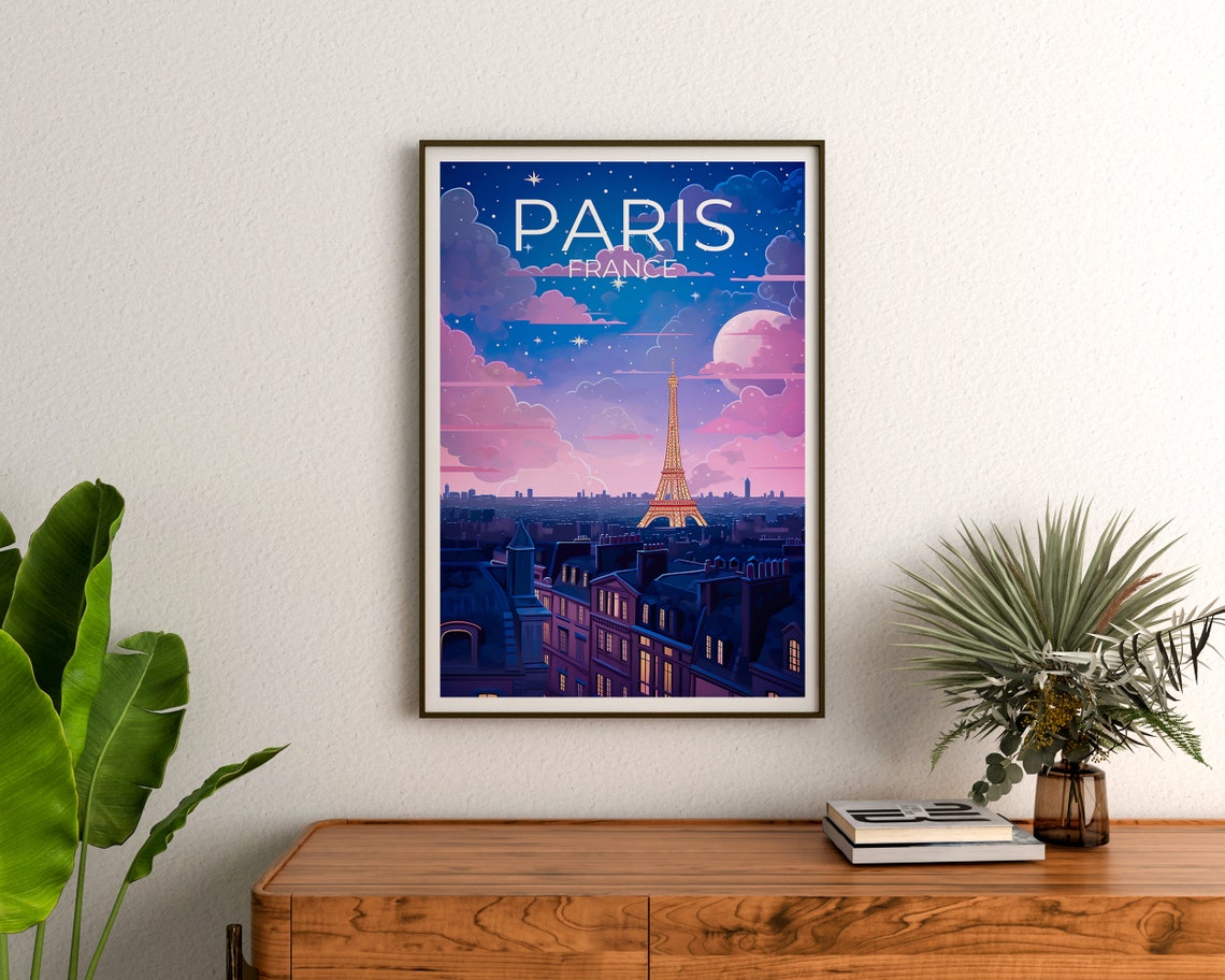 Paris France Eiffel Tower Night Rooftops Starry Sky Moon View Poster - Image 3