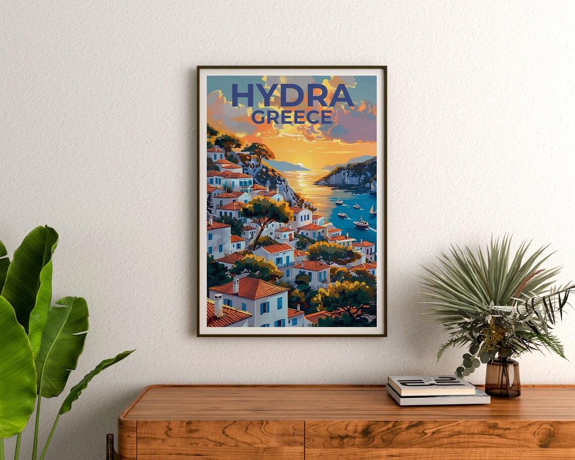 Hydra Greece Harbor Sunset White Houses Boats Bay View Poster - Image 3