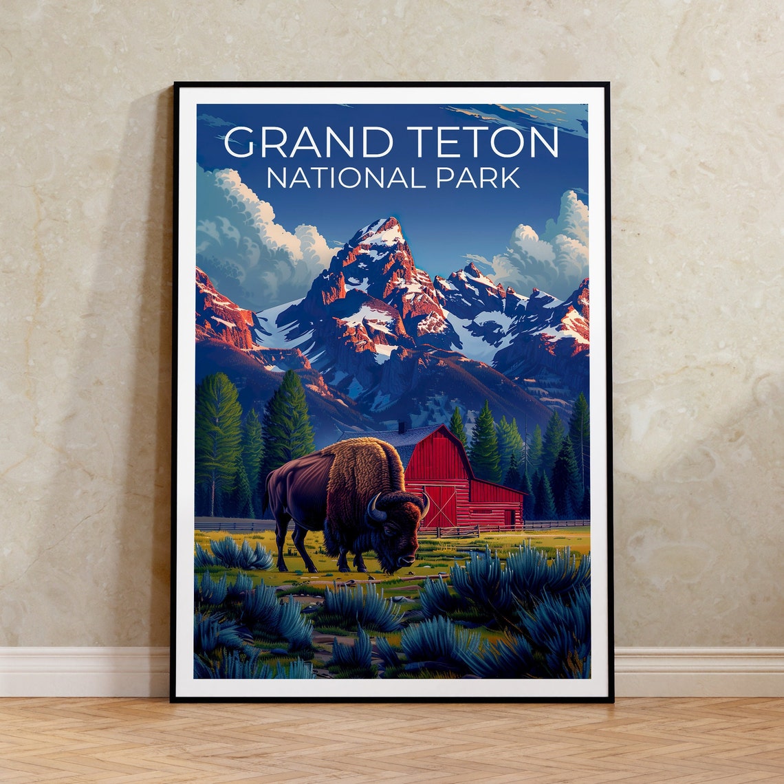 Grand Teton National Park Bison Red Barn Mountain View Poster