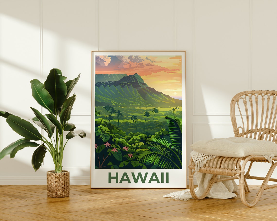 Hawaii Lush Green Mountain Valley Palm Trees Sunrise View Poster - Image 2