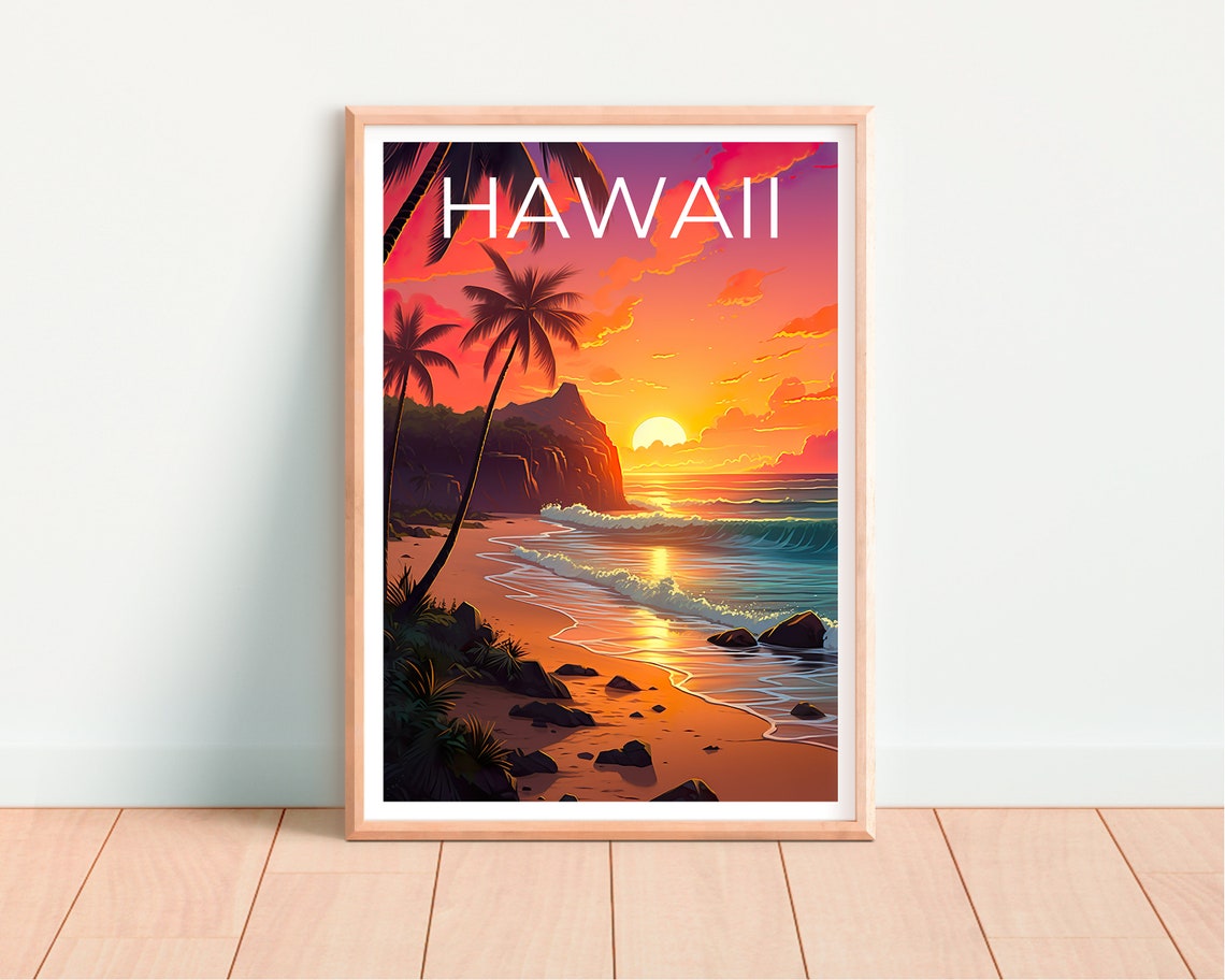 Hawaii Golden Beach Sunset Palm Trees Rocky Shoreline Travel Poster - Image 4
