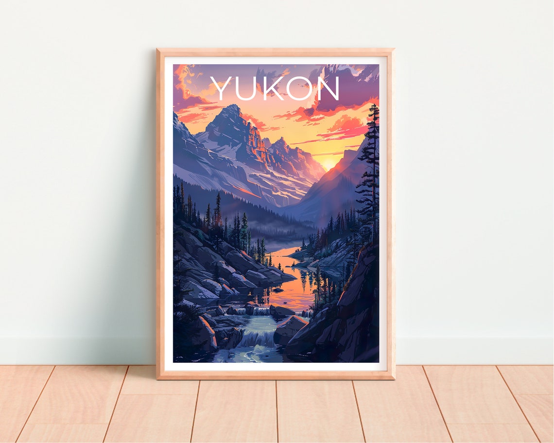 Yukon Canada Mountain Lake Sunset Valley Waterfall View Poster - Image 4