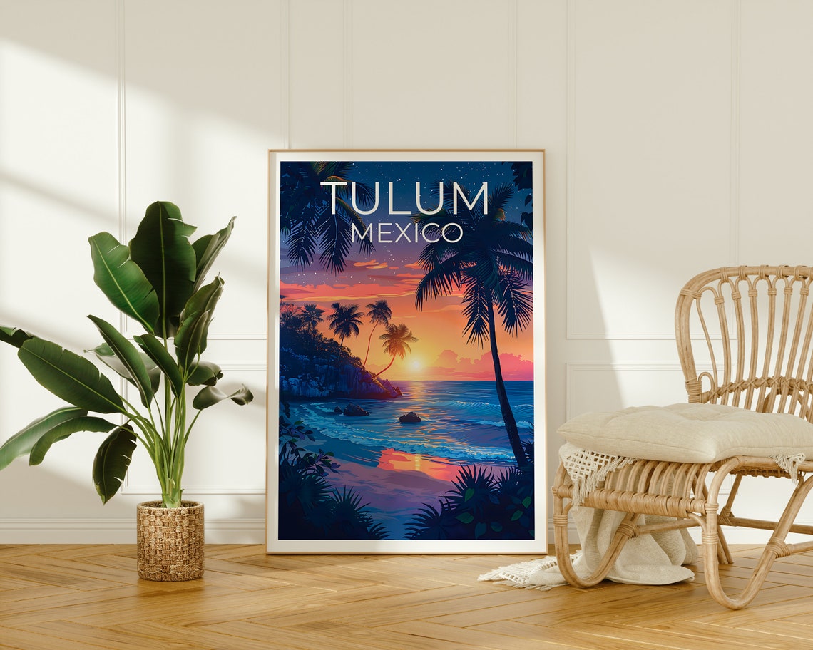 Tulum Mexico Beach Sunset Palm Trees Caribbean Coast Travel Poster - Image 2