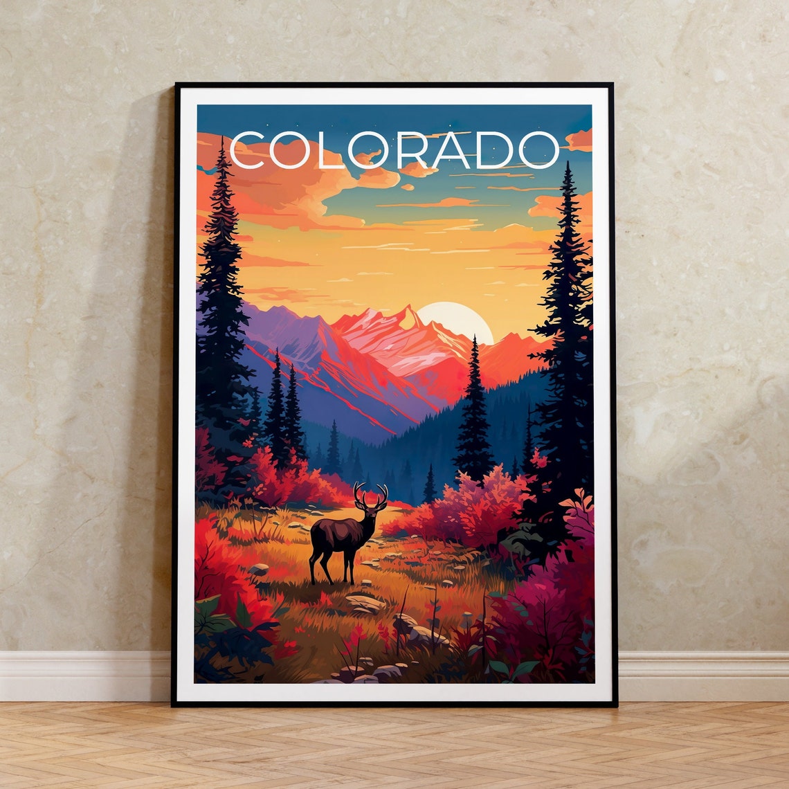 Colorado Deer Autumn Meadow Sunset Rocky Mountain View Poster