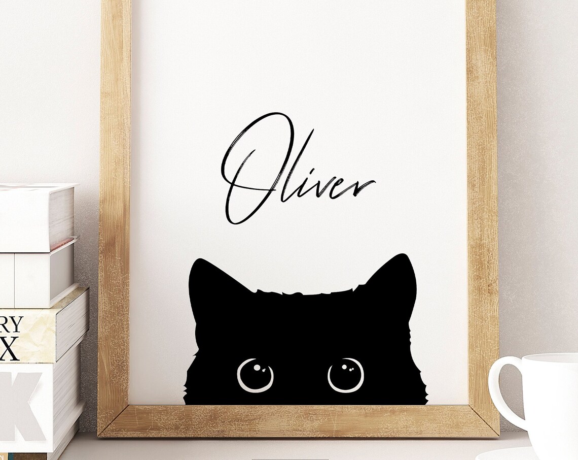 Cute Black Cat Peeking Illustration Custom Name Personalized Pet Wall Poster