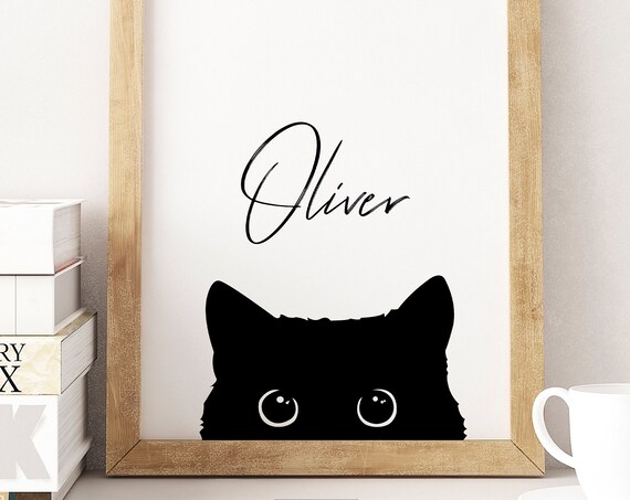 Cute Black Cat Peeking Illustration Custom Name Personalized Pet Wall Poster