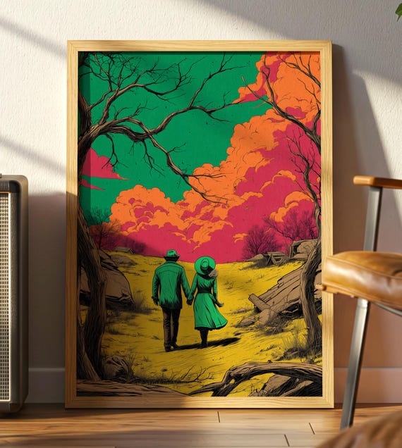 Surreal Western Love Retro Art Couple Walking Under Psychedelic Skies Premium Matte Paper Poster