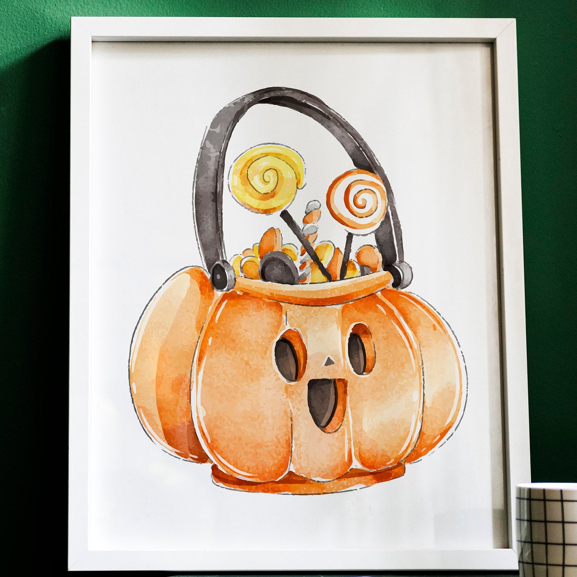 Halloween Jack O Lantern Candy Bucket Wall Art Print Watercolor Pumpkin
