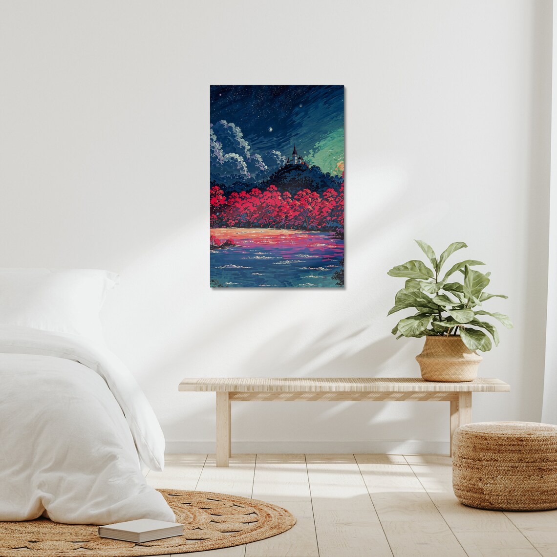 Fantasy Castle Red Autumn Trees Glowing Lake Starry Night Dreamscape Poster - Image 2