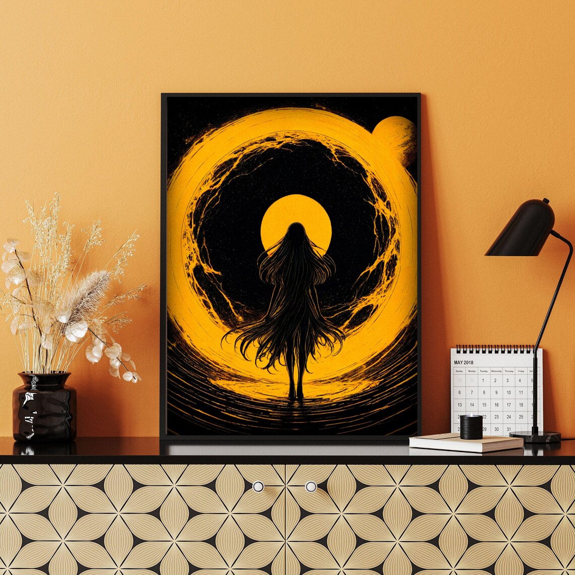 Mystical Woman Silhouette Walking Through Golden Sun Portal Cosmic Wall Art - Image 2