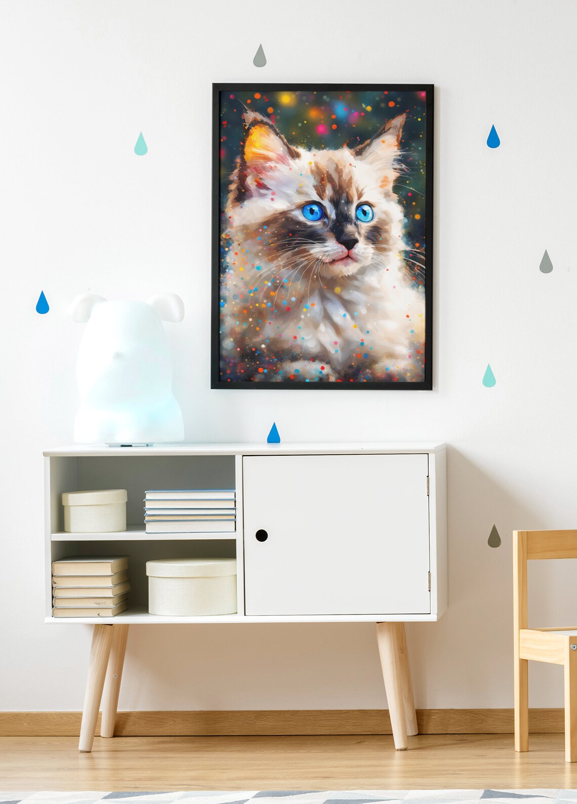 Fluffy Kitten Portrait Striking Blue Eyes Colorful Dots Cute Wall Print - Image 2