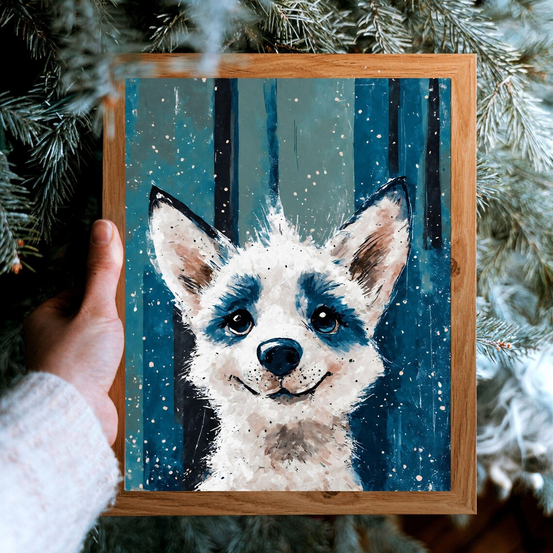 Cute Baby Husky Puppy Watercolor Portrait Blue Eyed Siberian Dog Print