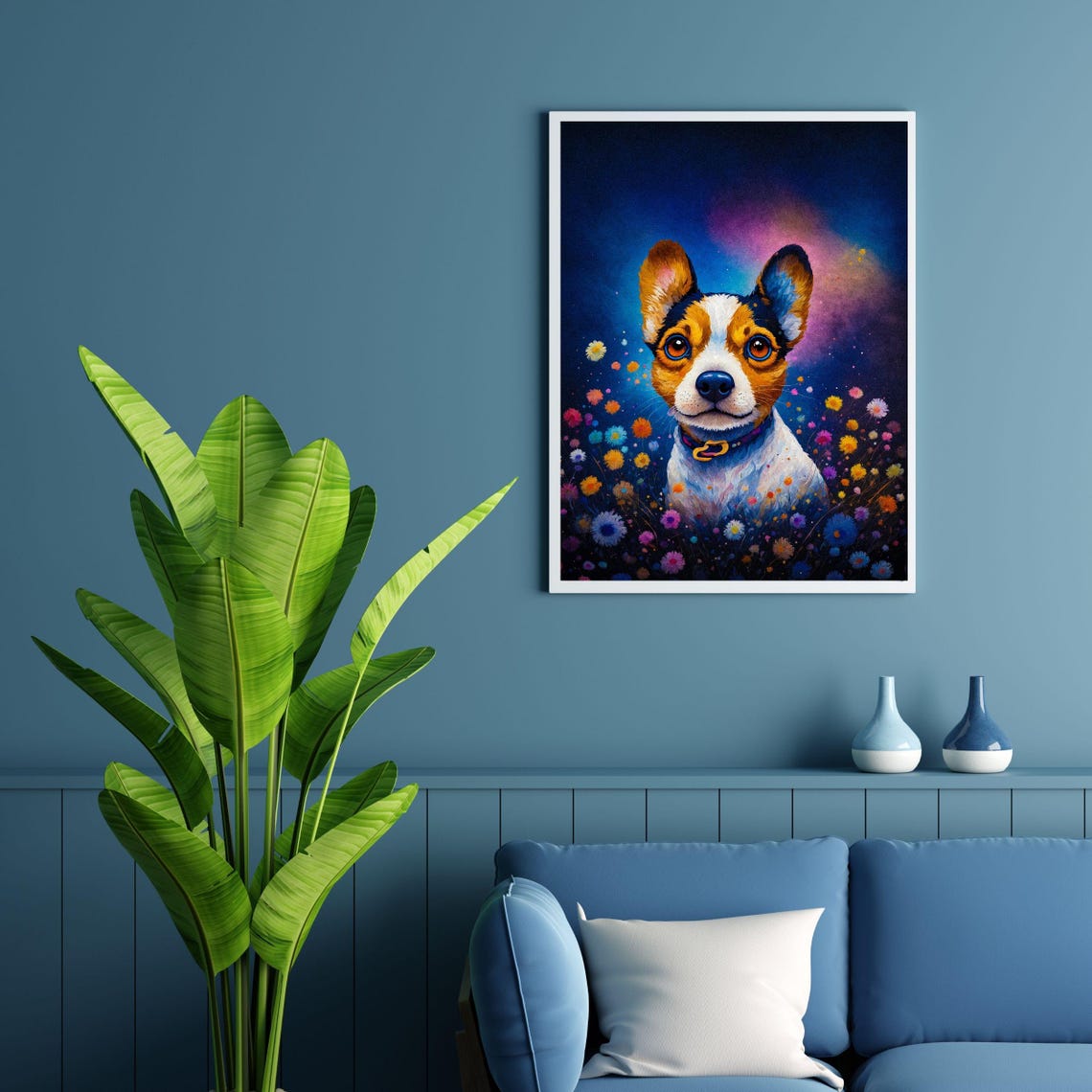 Whimsical Tricolor Puppy Among Wildflowers Starry Night Wall Art - Image 4